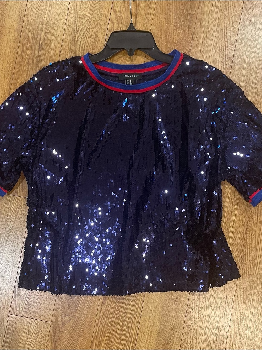 New Look Navy Blue Sequined Top, Size L, boxy, roomy silhouette, dressy, stretch - Picture 6 of 12